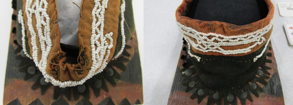 Détail du ruban avant et après restauration. Photo : Musée canadien de l'histoire