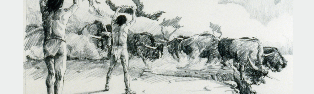 Représentation artistique du fonctionnement d'un précipice à bisons