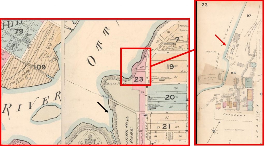 Plan d’assurance d’Ottawa 1888-1901, montrant la position du quai du choléra au nord-est de la pointe Nepean