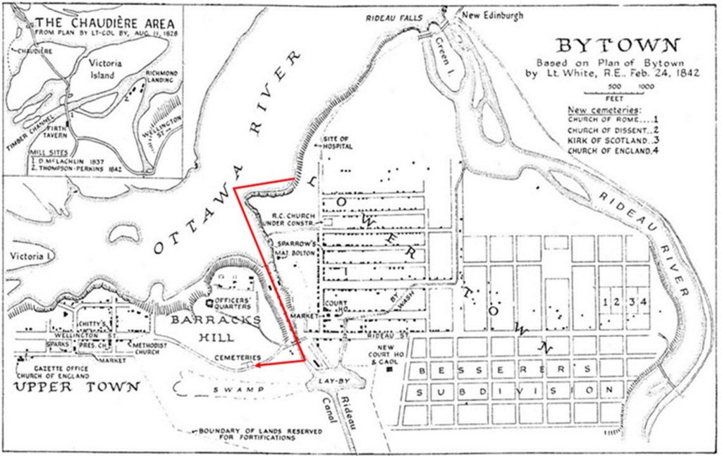 Route fluviale probable (ligne rouge) du quai du choléra et de l’hôpital jusqu’au cimetière de Barrack Hill