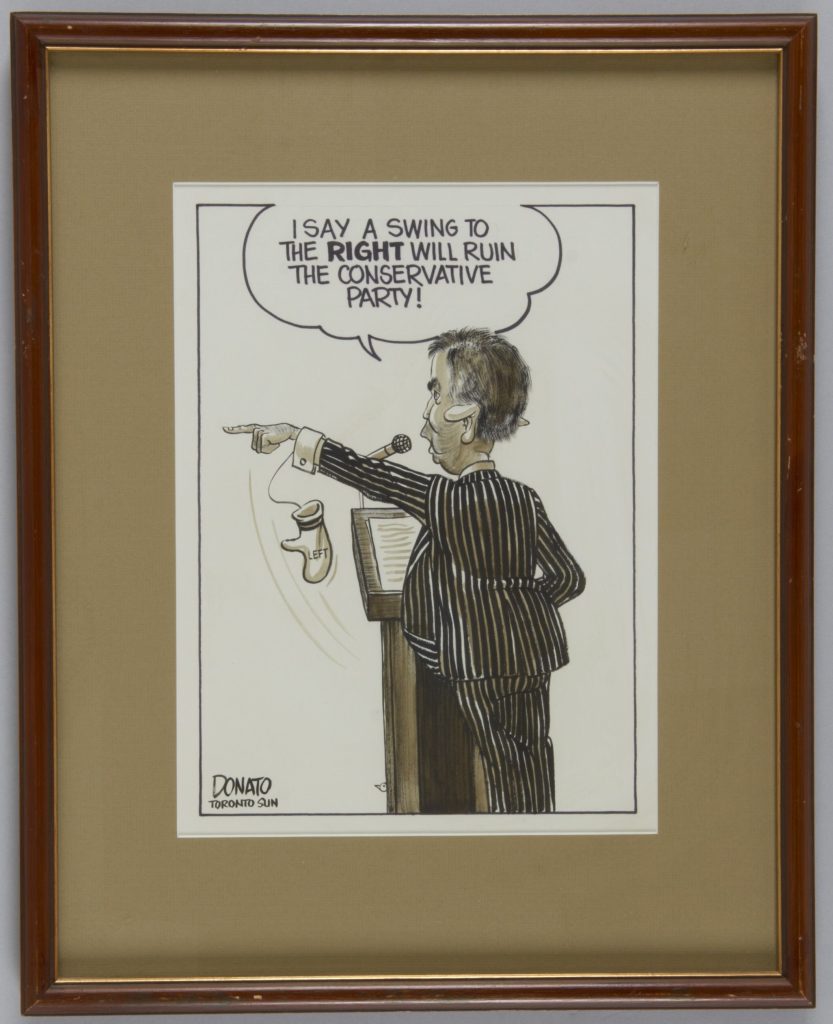 Caricature de Joe Clark en veston avec les mots « Je dis qu’un virage à droite nuira au Parti conservateur ».