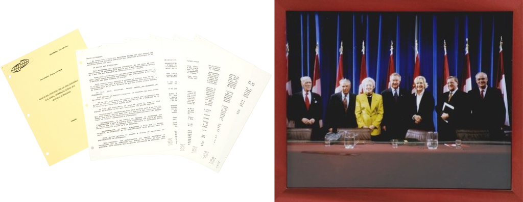 (G) Feuilles de discours.(D) Cinq hommes et 2 femmes en tenue de travail debout derrière une table, avec des drapeaux du Canada derrière eux.