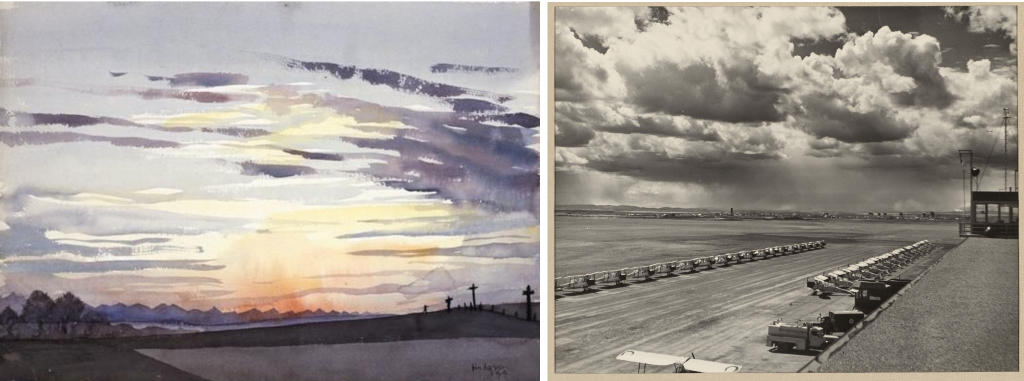 (G) Peinture à l'aquarelle d'une scène de coucher de soleil avec surtout des teints violet.(D) Photo noir et blanc de deux lignes d'une douzaine d'avions à un aéroport, sous un ciel ennuagé.