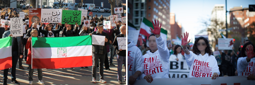 Gauche: Une foule portant des pancartes et des drapeaux iraniens.Droite: Une foule manifestant et défilant dans la rue. Au premier plan, plusieurs personnes tiennent une banderole d’une main et tendent l’autre vers l’appareil photo, couverte de peinture rouge. Elles portent des chemises sur lesquelles on peut lire « Femme Vie Liberté ».