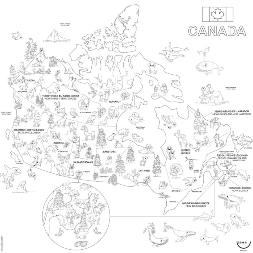 Tablecloth to color, canada map, bilingual