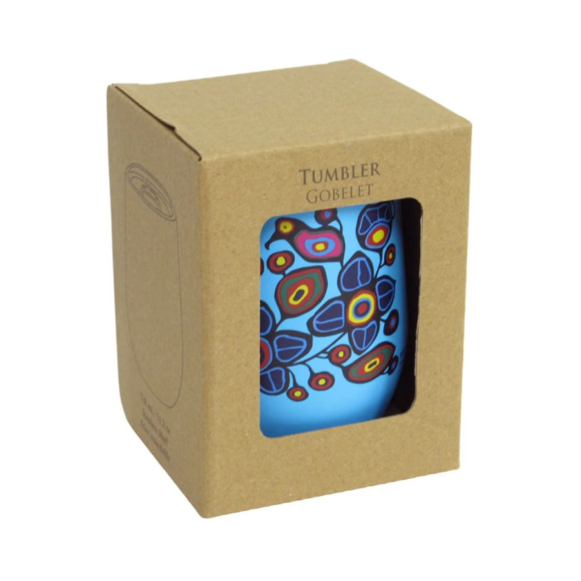 Double-walled coffee tumbler Flowers and Birds design by Norval Morrisseau