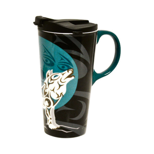 Howling Wolf ceramic travel mug