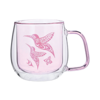 Colored doubled walled glass mug with hummingbird design by