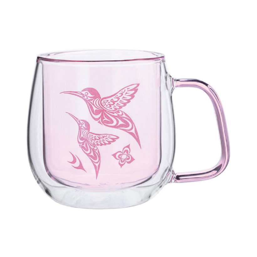 Colored doubled walled glass mug with hummingbird design by