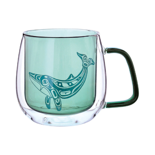 Colored doubled walled glass mug with humpback whale design by Ernest Swanson