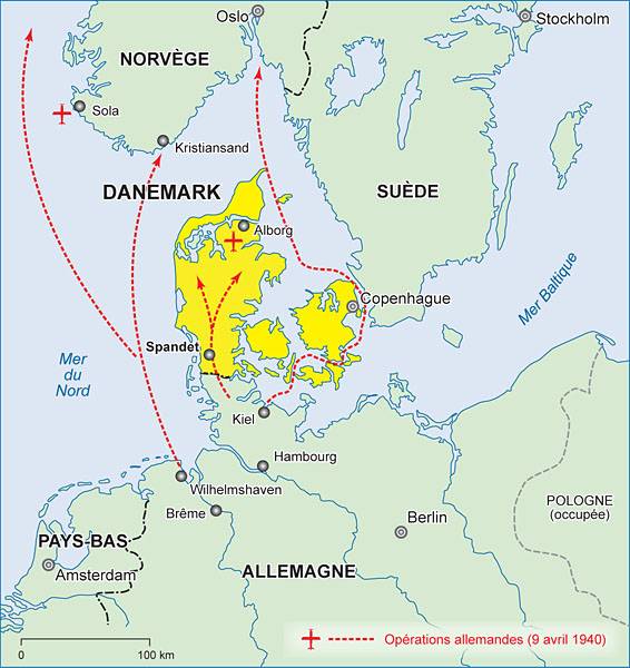 Carte de l’invasion du Danemark et de la Norvège par les Allemands en 1940