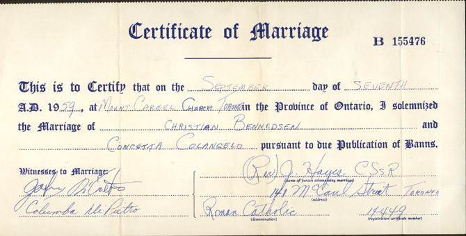 Le certificat de mariage de Connie et de Chris, le 7 septembre 1959