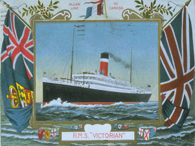 R.M.S. Victorian (1904-1929) vers 1911; Carte postale montrant le navire sur lequel Marius Barbeau embarqua pour l'Europe en 1907., © Muse canadien de la poste
