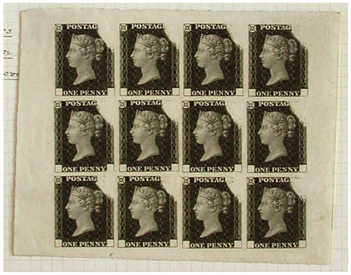 Impression d'essai en noir de douze timbres
