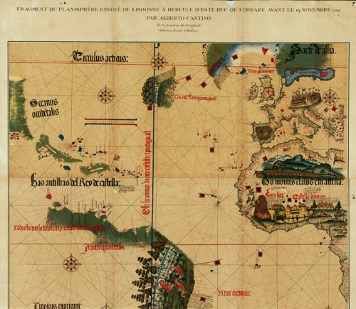 Carta da navigar per le Isole nouam… in le parte de l'India, fac-similé d'un fragement du planisphère envoyé à Alberto Cantino en 1502, l'original est à la Bibiotheca Estense, Modène