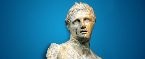 A bust of a roman statue on a blue background.