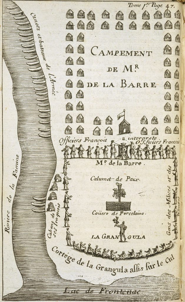 Une carte ancienne du campement du gouverneur de La Barre, avec des canots alignés le long de la rivière et de petits personnages en train de négocier
