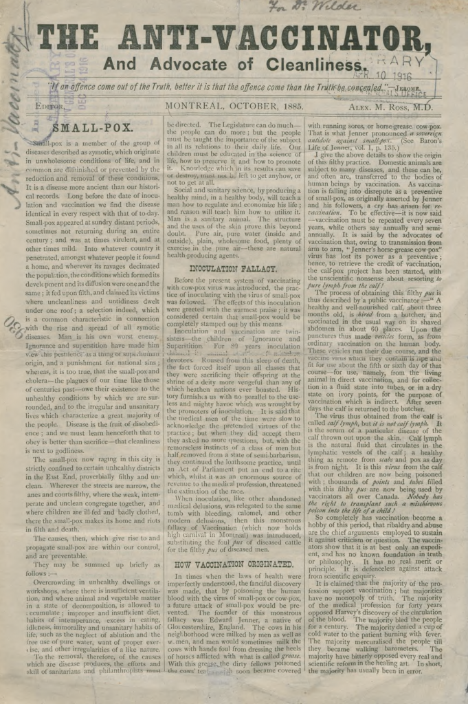 « The Anti-Vaccinator », publié par Alexander Ross, Montréal, 1885 