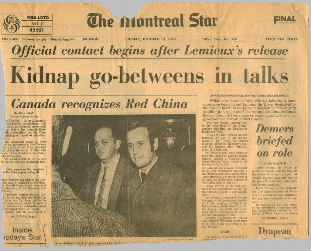 Front page of The Montreal Star, featuring negotiator Robert Demers, October 13, 1970.