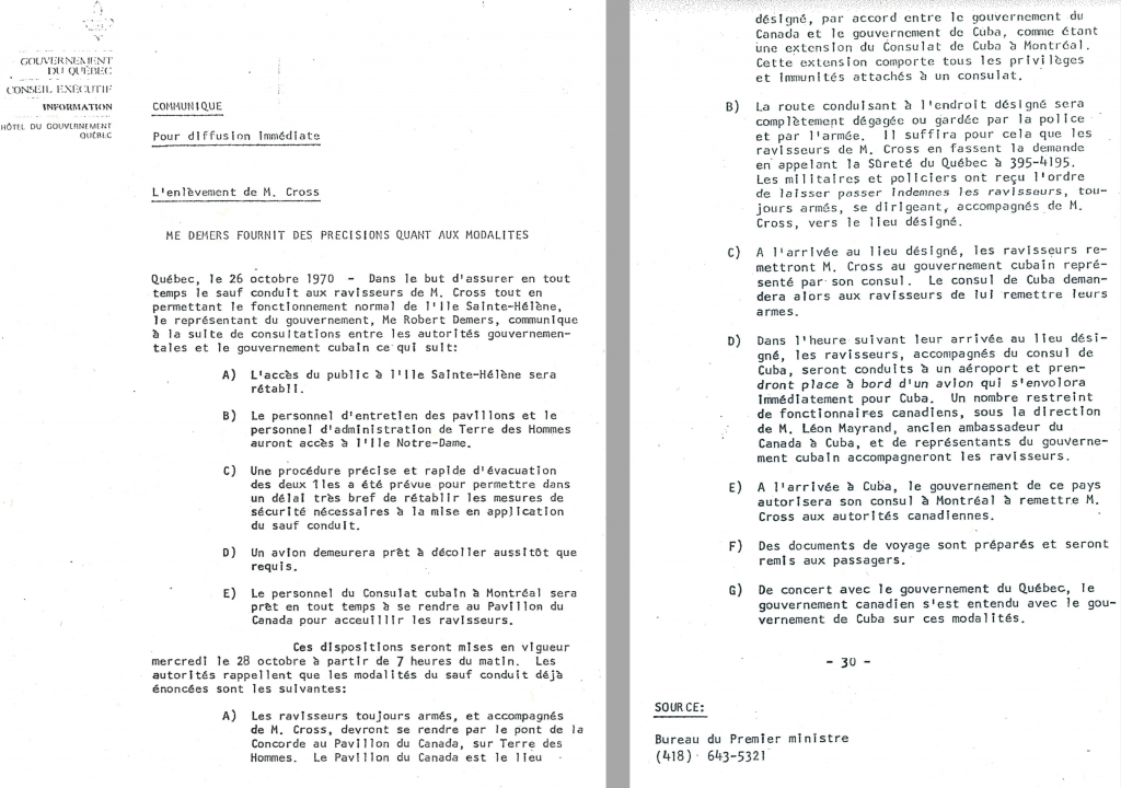 Press release from the office of Quebec Premier Robert Bourassa, October 26, 1970. It discusses the taxing negotiations conducted by lawyer Robert Demers with the Cuban government, authorities in Ottawa and Québec City, and the police.