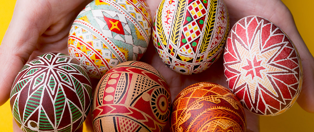 A person holds a group of painted Easter eggs at the Canadian Museum of History in Ottawa.