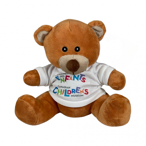 Timothy Bear stuffed animal wearing a white tshirt with the