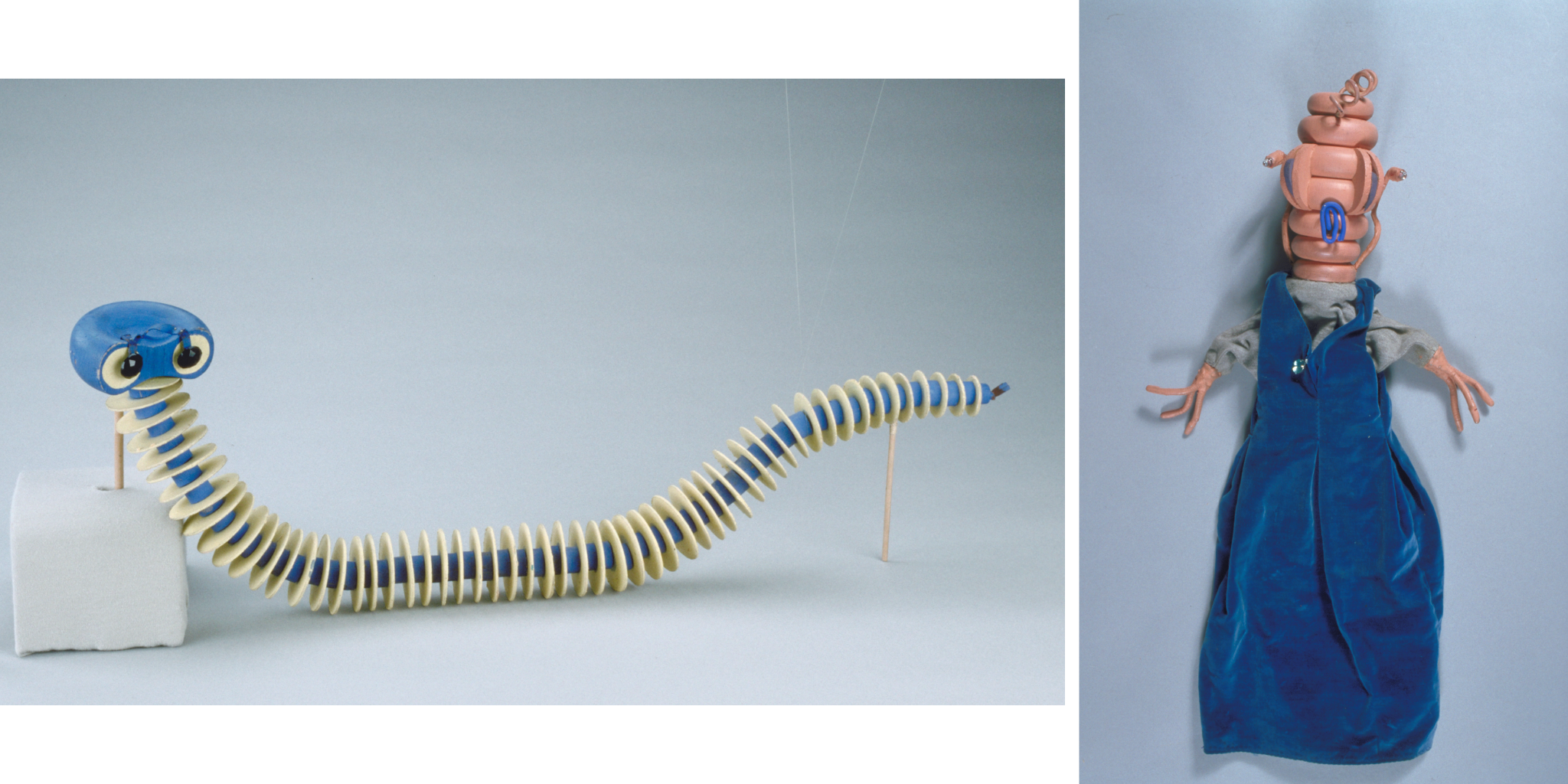 Left: Worm, rod puppet. Right: Space creature, hand puppet.