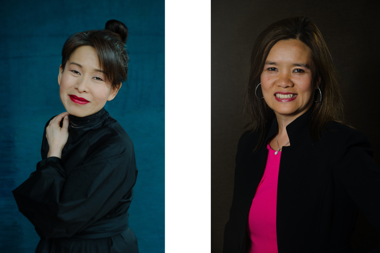 A side-by-side of the portraits of two women.