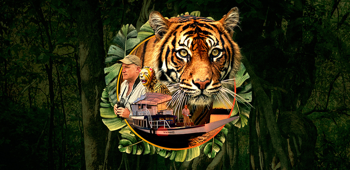 Un collage comprenant un tigre, un bateau et un homme